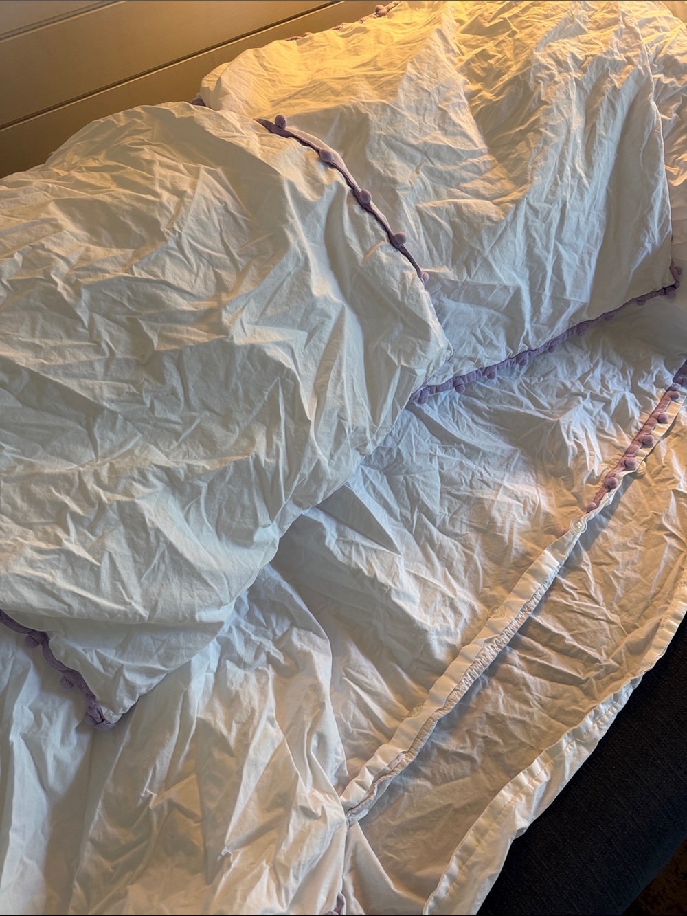 Pottery Barn Kids Full/Queen Duvet Cover - White with Lilac Pom Pom Trim